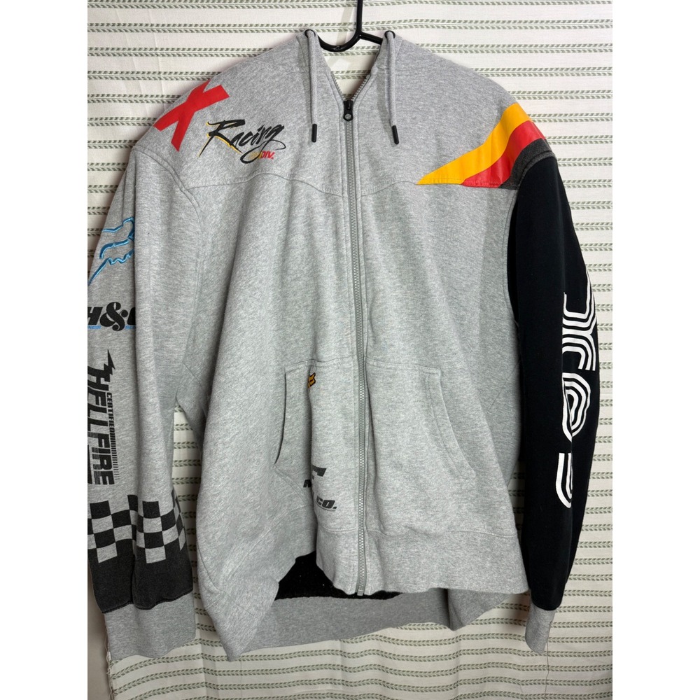 Fox Racing Y2K Mens Zip Up Hoodie Grey Black Motocross Graphic Sherpa Lined XL